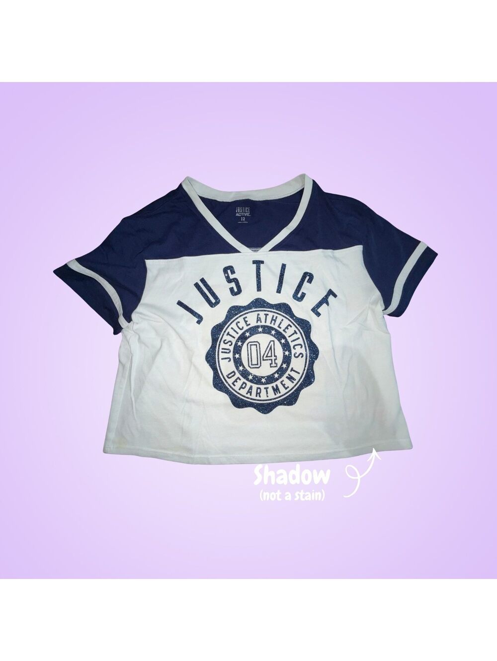 Justice Active Girls Size 12 Navy White Glitter Varsity V-Neck Shirt | 04 Tee